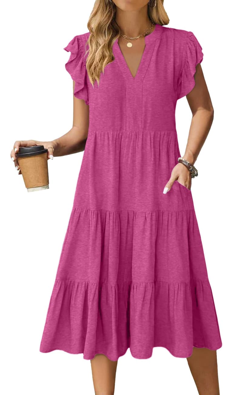 AUNEAL Womens Summer Dress Ruffle Sleeve V Neck Midi Casual Dresses Flowy Tiered Boho Sundress with Pockets
