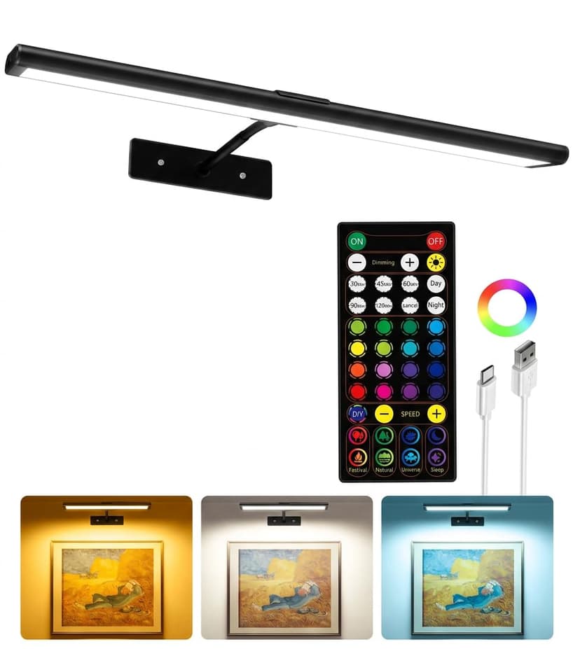 EZVALO Picture Light for Wall, 4800mAh Rechargeable Wireless Black Lights for Painting, 16In Dimmable Magnetic LED RGB Art Display Light, Colors Temperatures, for Gallery, Living Room, Hallway