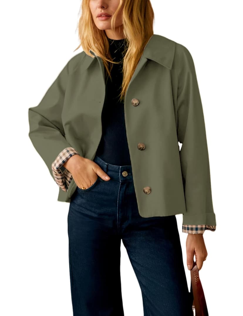 Yeokou Women Oversize Trench Coat Plaid Lining Lapel Button Down Casual Crop Jacket Outwear with Pockets
