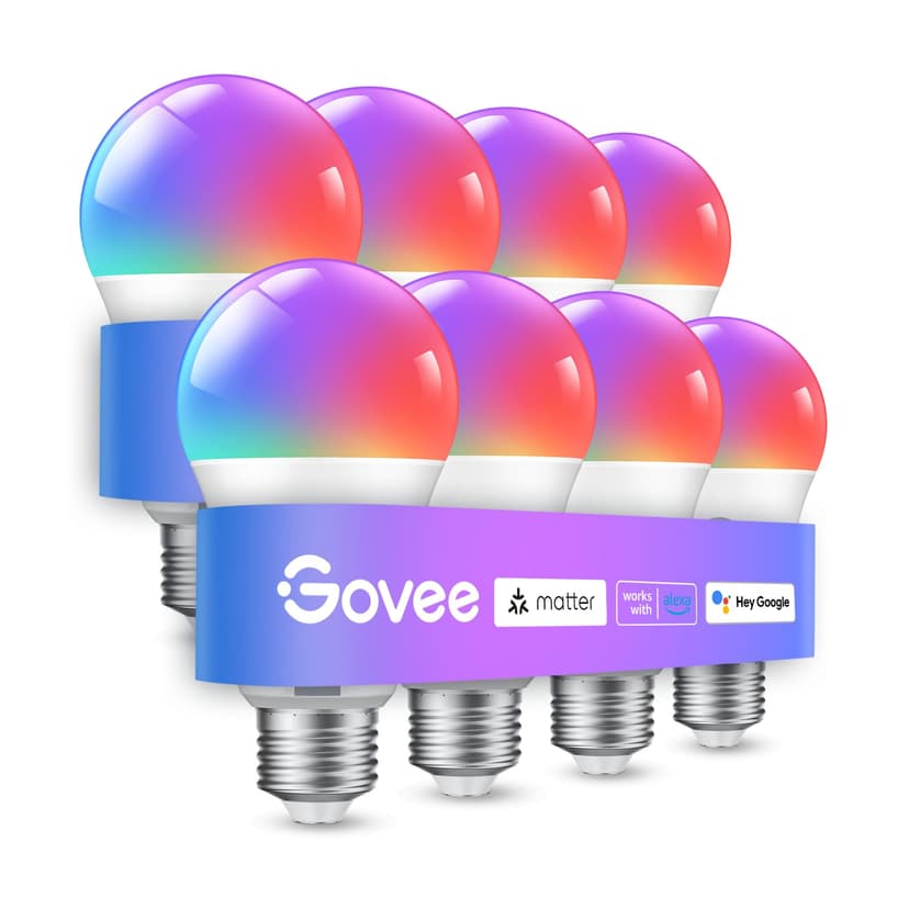 Govee Smart Light Bulbs, A19 LED Light Bulb, 800 Lumen, 8 Pack | Works with Matter Alexa & Google Assistant, RGBWW Color Changing Light Bulb, Music Sync, WiFi & Bluetooth Connection