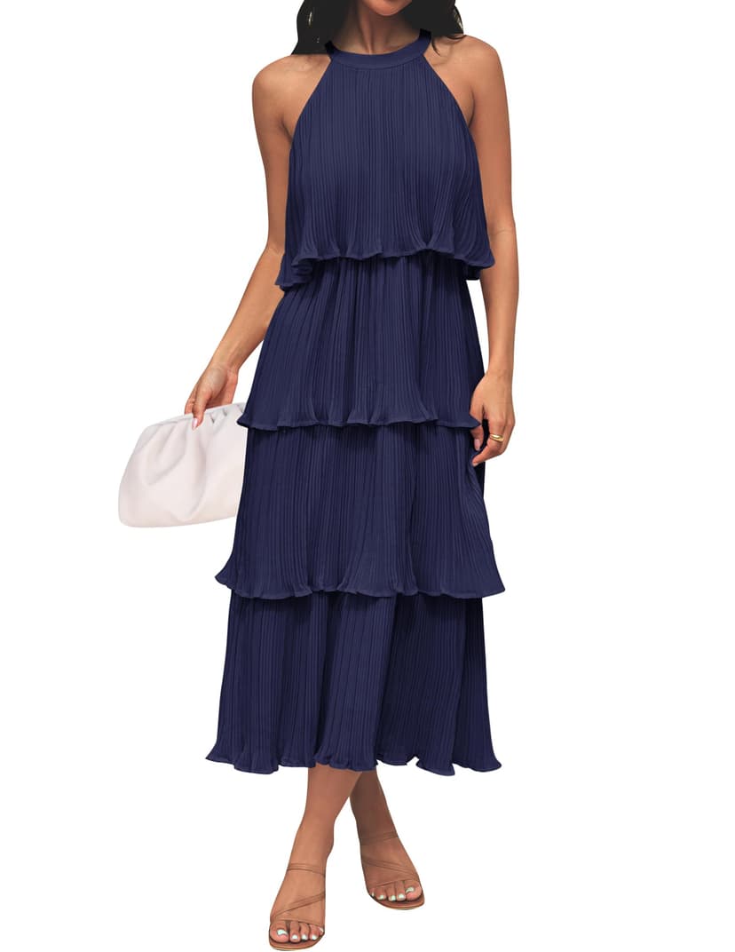 ZESICA Women's 2026 Summer Sleeveless Halter Neck Ruffle Tiered Layed Chiffon Flowy Swing Long Midi Dress