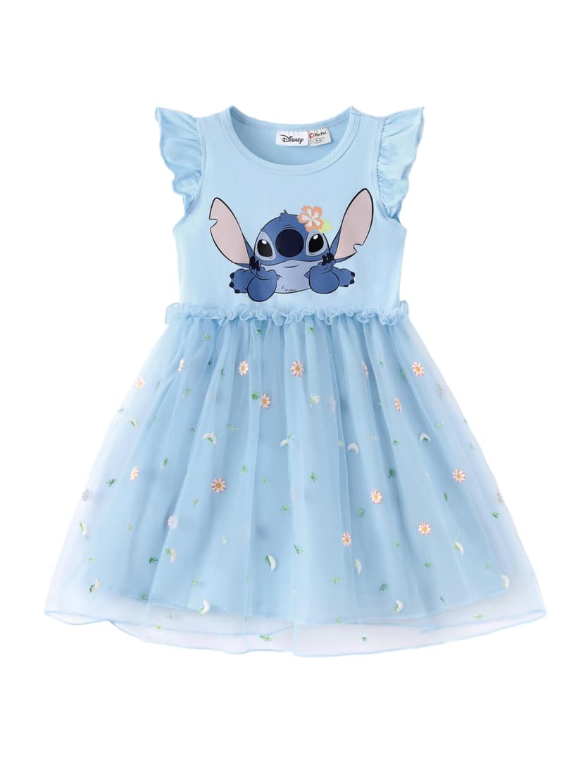 Disney Princess Frozen Elsa Minnie Stitch Toddler Girl Tulle Tutu Dress Ruffle Sleeve Mesh Summer Birthday Party Clothes 2-9Y