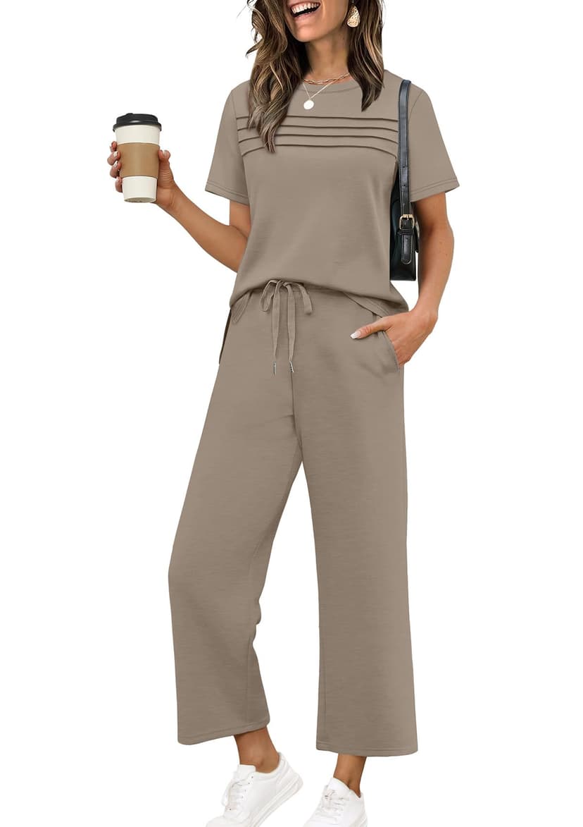 WIHOLL Two Piece Sets for Women Summer Spring Travel Vacation Outfits Short Sleeve Lounge Sets Side Slit Wide Leg Pants S-3XL