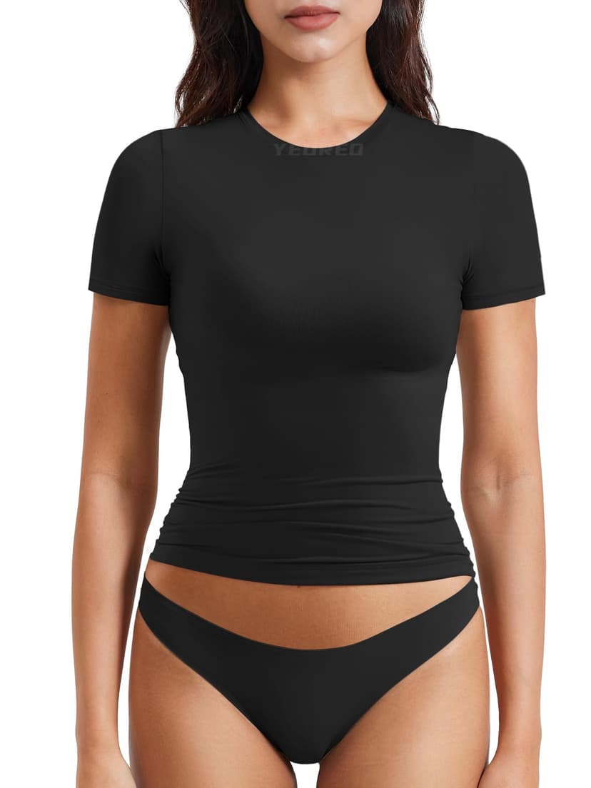 YEOREO Ease Women Fitted Workout Tops Short Sleeve Double Lined Basic Y2K Going Out Crew Neck Compression Crop Top