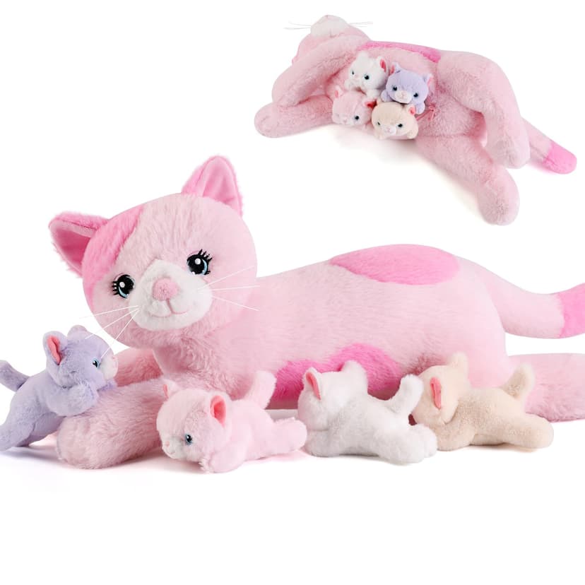 gnomantic Cat Stuffed Animals with Babies Inside, Mommy Toy for Kids | 5-Piece set: 1 mommy cat + 4 baby kittens inside. Unzip belly to reveal surprise babies. Ultra-soft, ages 3-8.