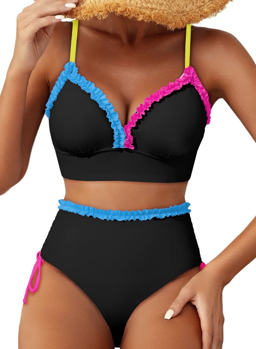 Herseas Women's Splice Ruffle Trim Bikini Sets Tie Side Swimsuits High Waisted Bathing Suits