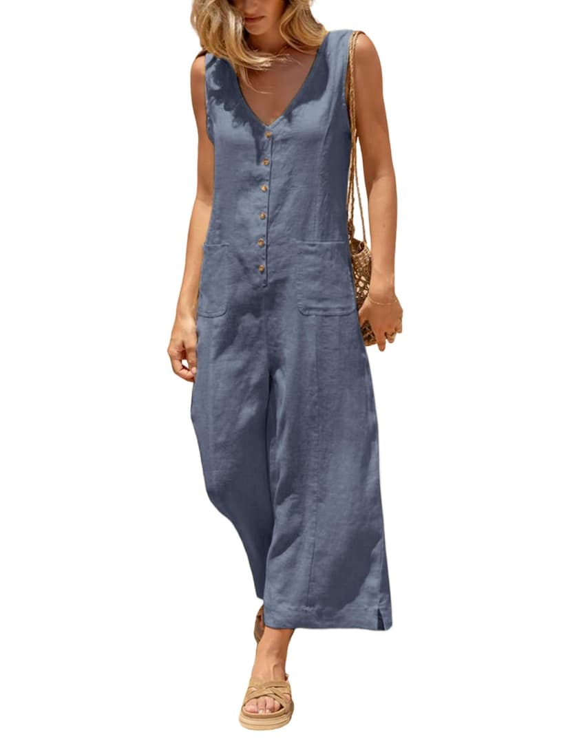Yeokou Women Button Down Jumpsuits Cotton Linen Sleeveless Casual Wide Legs Rompers Loose Overall With Pockets