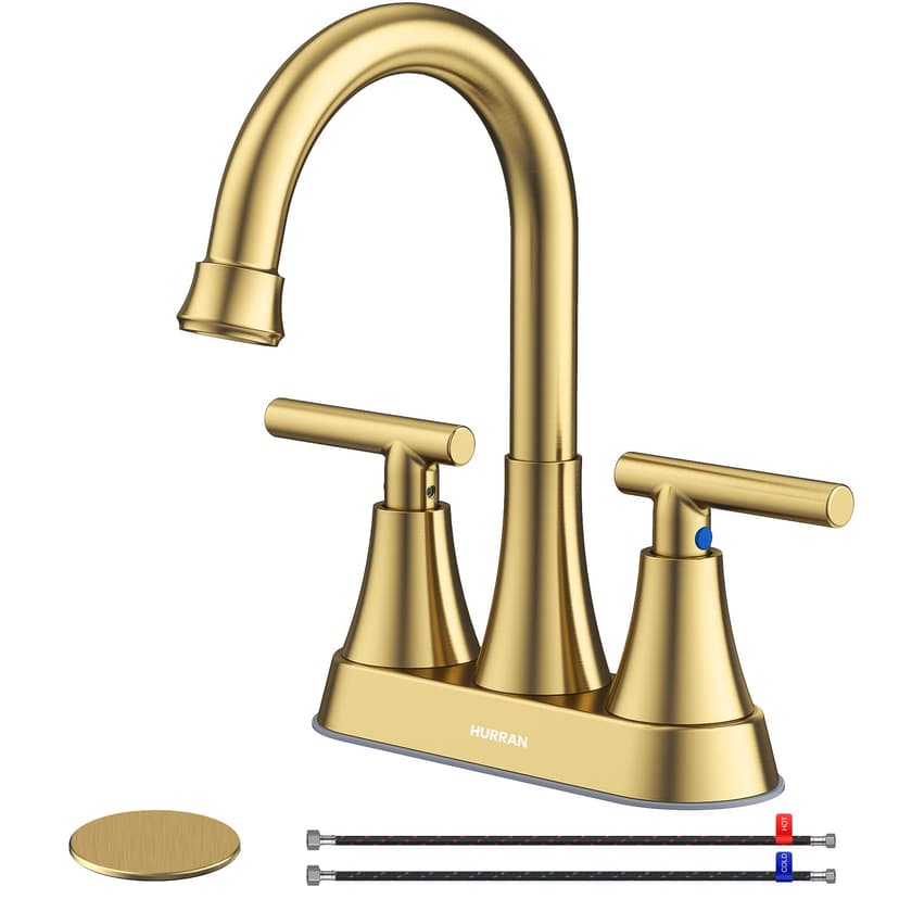 Brushed Gold Bathroom Faucet, Hurran 4 inch Centerset 2-Handle Lead-Free | Bathroom Sink Faucet with Pop-up Drain and Supply Lines, Stainless Steel Faucet for Vanity RV Restroom Laundry Outdoor Sink