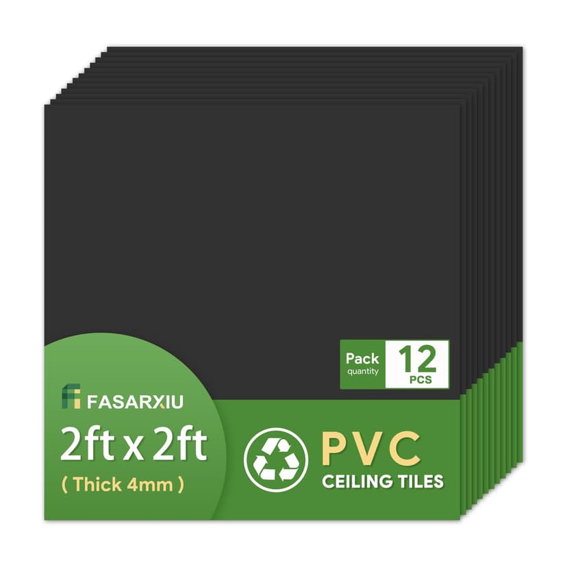 Fasarxiu 12 Pack 2ft x 2ft Black Drop Ceiling Tiles Waterproof High-Grade PVC Ceiling Tiles 2x2 Fire-Rated - Easy Drop-in Installation(48 sq.ft.)