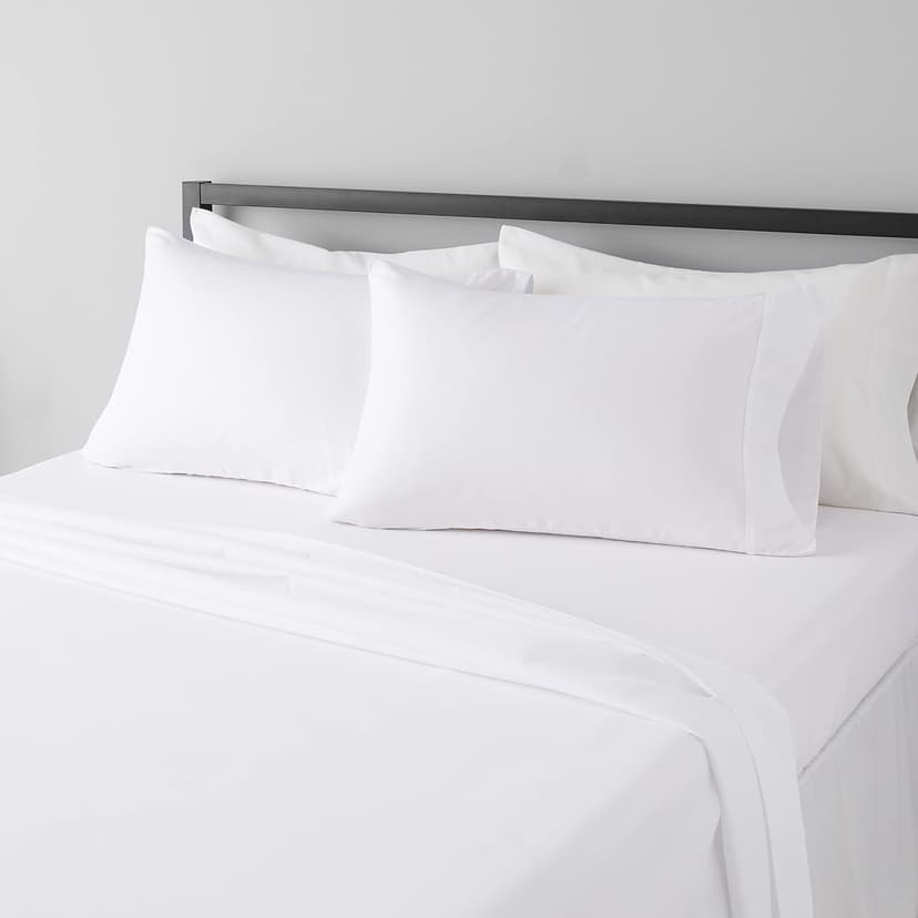 Amazon Basics Lightweight Super Soft Breathable Wrinkle-Resistant Microfiber 4-Piece Bed Sheet Set with 14-Inch Deep Pockets, Queen, Bright White, Solid