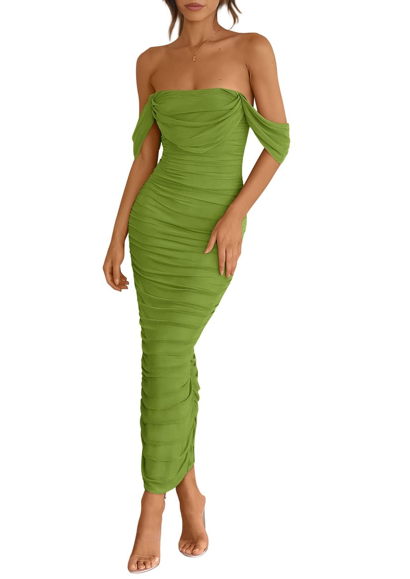 PRETTYGARDEN Womens 2026 Summer Off The Shoulder Dress Ruched Bodycon Sleeveless Split Cocktail Party Maxi Dresses