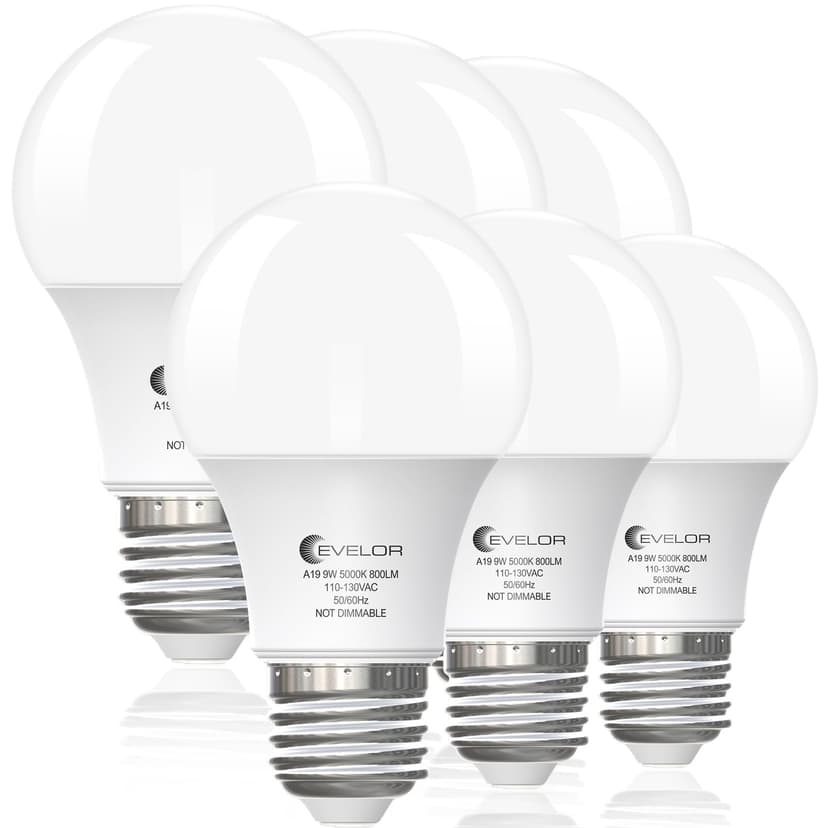 evelor 6-Pack A19 LED Light Bulbs,60 Watt Equivalent Daylight 5000K with E26 Base,Efficient 9W,800 Lumens Non-Dimmable LED Bulbs,15000 Hours, Ideal for Bedroom Living Room
