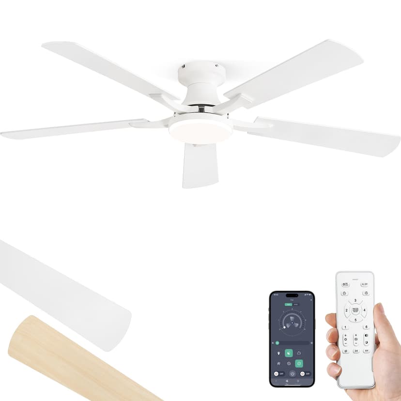 ZMISHIBO 52 Inch Ceiling Fan with Light, App&Remote Control, Flush Mount Low Profile, Dimmable 20W LED Light, Quiet Reversible Motor for Bedroom, Living Room, Apartment, White