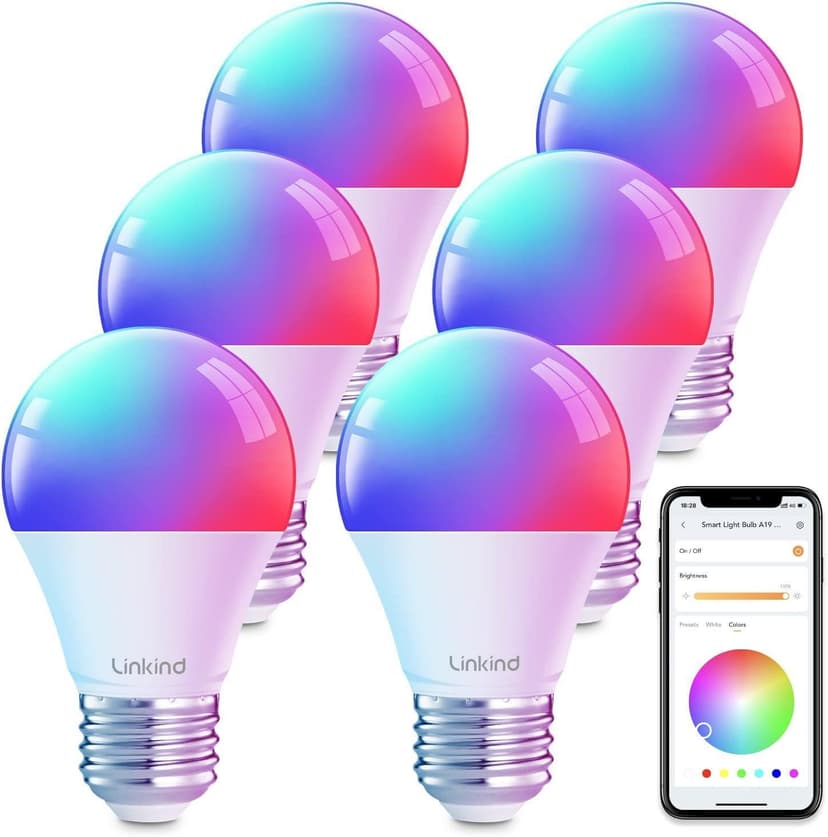 Linkind Smart Light Bulbs, Work with Alexa, Google Home, AiDot | Led Color Changing Light Bulb RGBTW, 2.4G WiFi+Bluetooth, 104 Preset Scene, Music Sync, DIY, Dotis, A19 E26, 60W 800LM, 6Pack