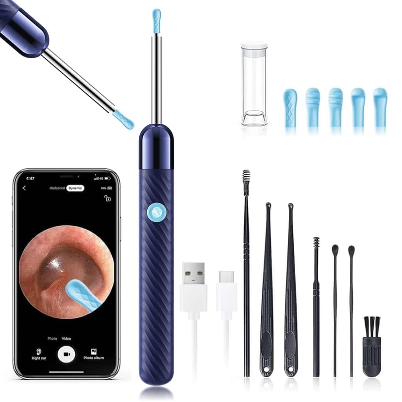 LEIPUT Ear Wax Removal - Earwax Remover Tool with 8 Pcs Ear Set - Ear Canal Cleaner with 1080P Camera - Ear Cleaning Kit with 6 Ear Spoon - Ear Camera for iOS & Android (Navy Blue)