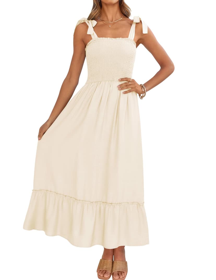 ZESICA Women's 2026 Summer Boho Spaghetti Strap Square Neck Solid Color Ruffle A Line Beach Long Maxi Dress