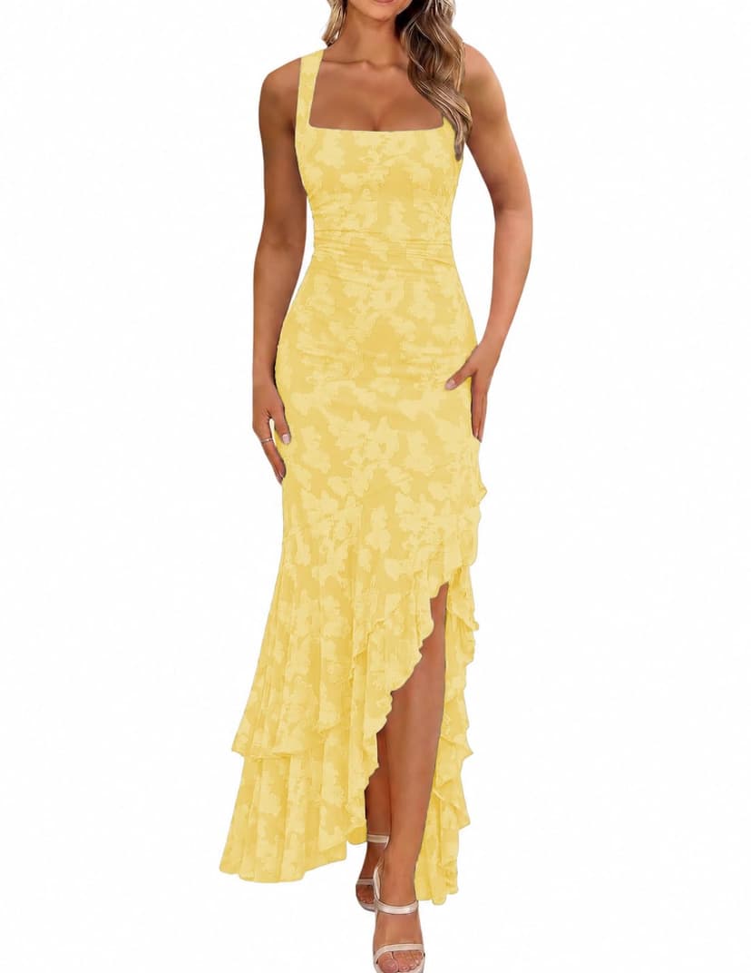 BORIFLORS Women's Elegant Ruched Floral Maxi Wedding Guest Dress | Mermaid Ruffle,Cocktail Formal Homecoming, Long Dresses