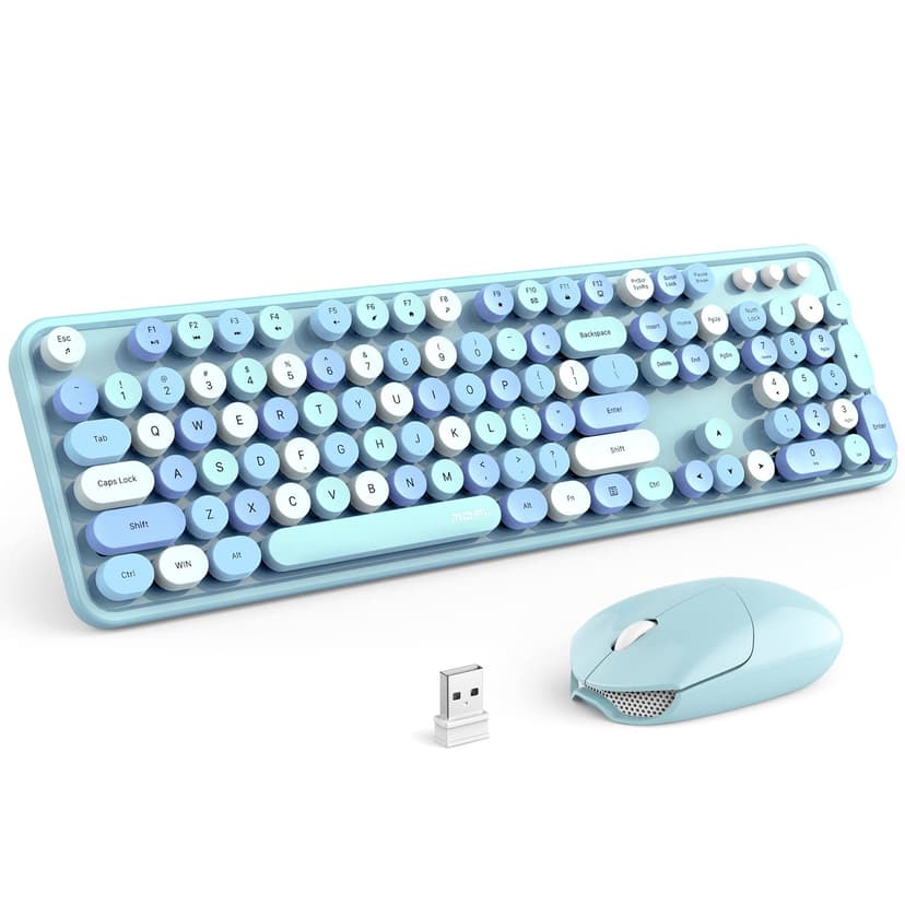 MOFII Wireless Keyboard and Mouse Combo, Retro Keyboard with Round Keycaps, 2.4GHz Dropout-Free Connection, Cute Wireless Mouse for PC/Laptop/Mac/Windows XP/7/8/10 (Blue-Colorful)
