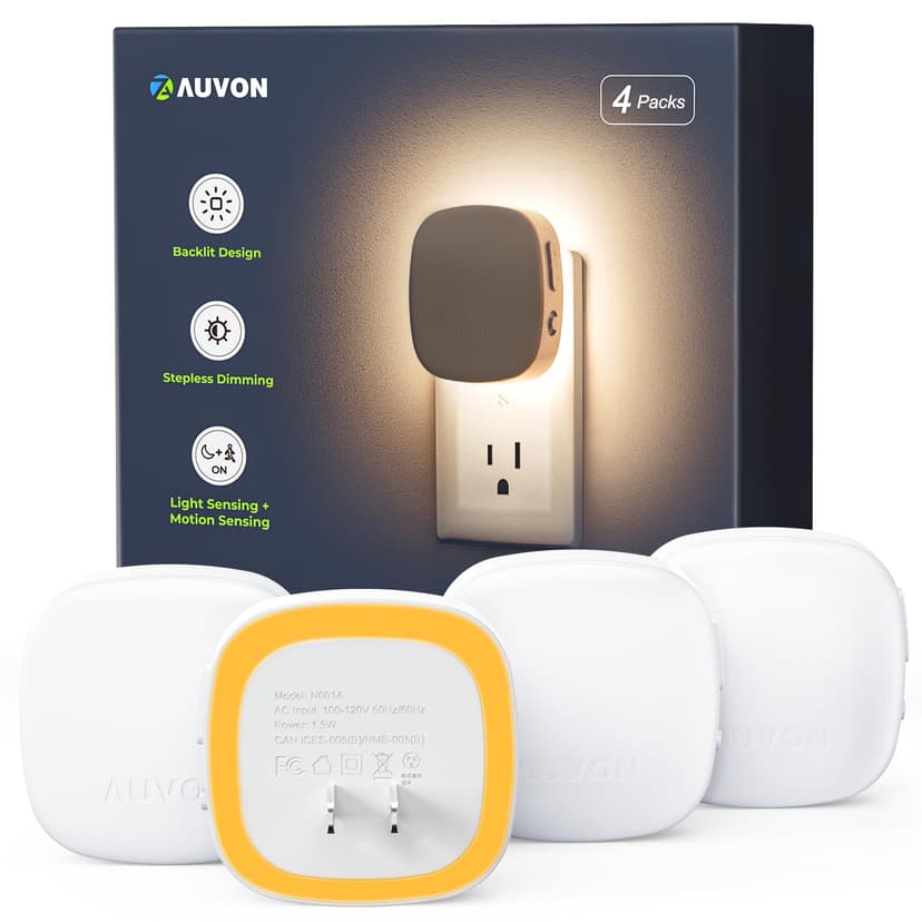 AUVON Plug-in LED Backlit Night Light 4 Packs, Motion & Dusk to Dawn Sensor | 1600K Amber Nightlight with 1-50lm Dimmable Brightness for Bedroom, Bathroom, Hallway, Kitchen, Garage, Nursery