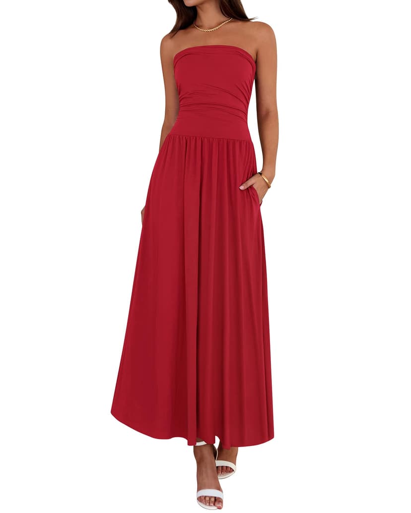 BTFBM Summer Maxi Dresses for Women Strapless Tube Top Dress | Sleeveless Ruched A Line Dresses Pockets, 2026 Trendy, Flowy Long Sundress, Beach Vacation Cocktail Party Wedding Guest Dress
