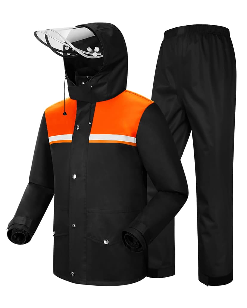 iCreek Rain Suit Waterproof Hi Vis Raincoat Reflective Rain Gear Unisex | Rain Jacket and Pants, Detachable Clear Brim, Waterproof Zip, Breathable Mesh Lined, Anti-storm, Work, Hiking, Riding