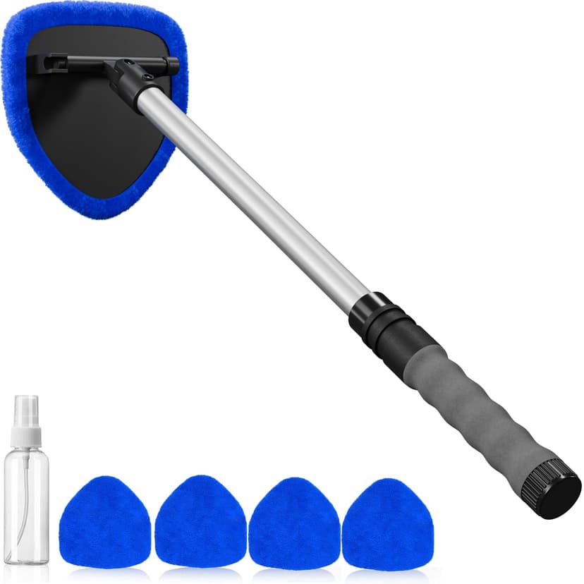 desin Windshield Cleaning Tool, Car Window Cleaner Windshield Cleaner with 4 Reusable and Washable Microfiber Pads and Extendable Handle Auto Inside Glass Wiper Kit