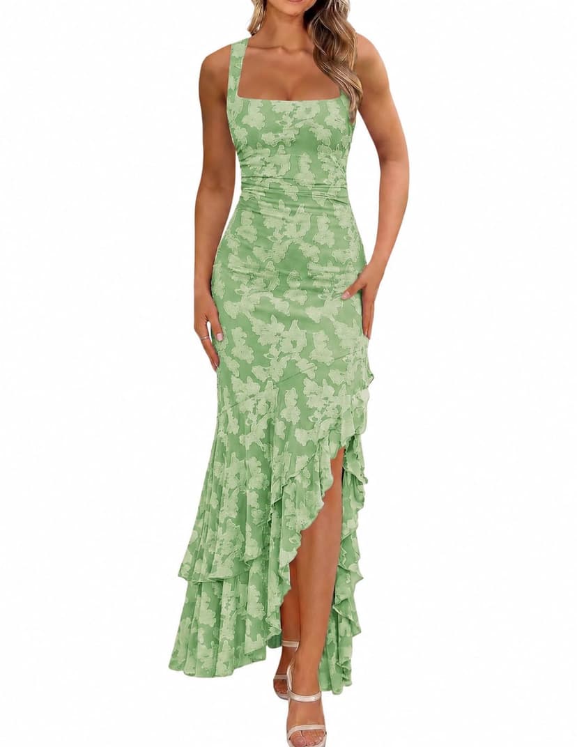 BORIFLORS Women's Elegant Ruched Floral Maxi Wedding Guest Dress | Mermaid Ruffle,Cocktail Formal Homecoming, Long Dresses