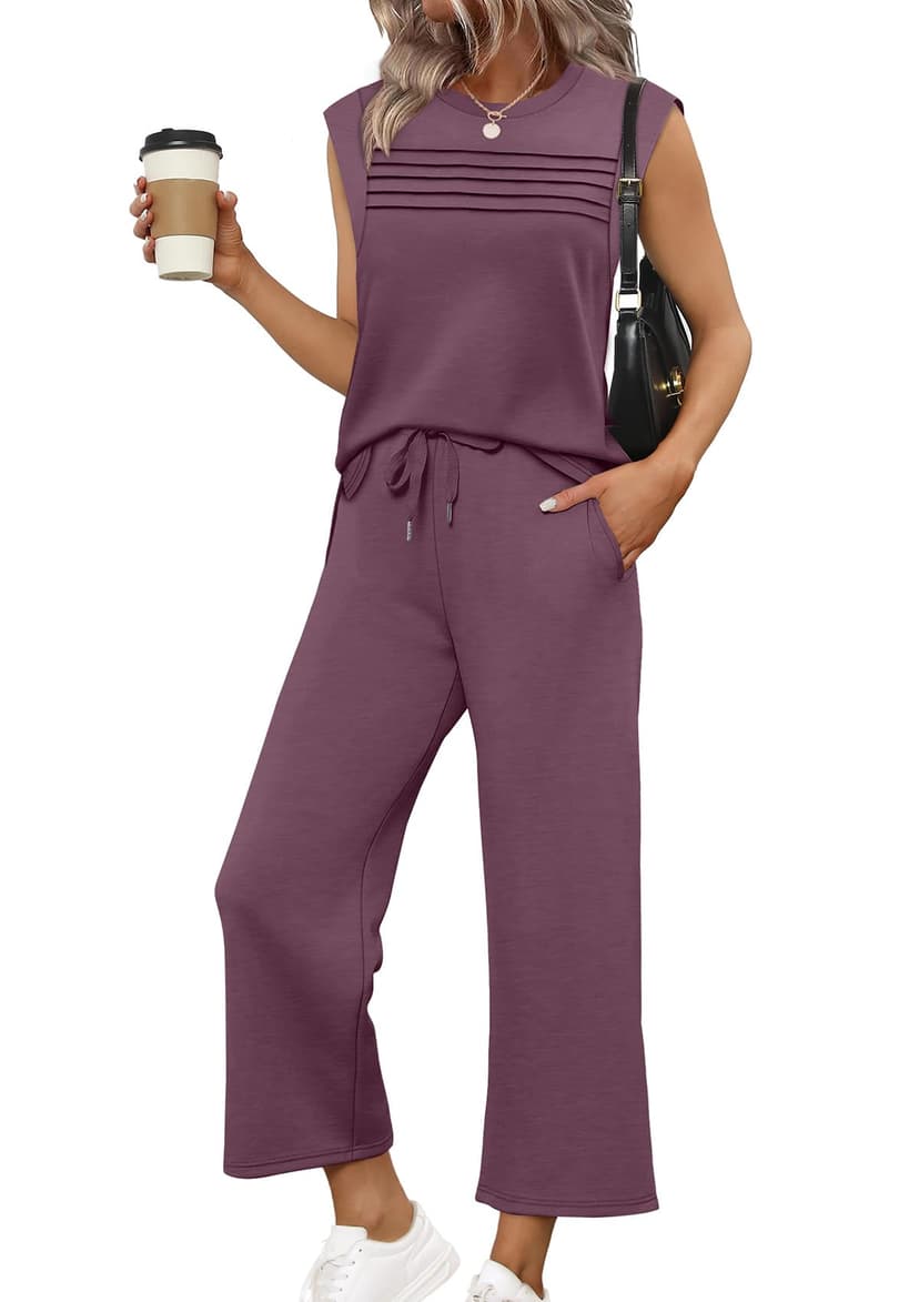 WIHOLL Two Piece Sets for Women Summer Spring Lounge Sets Travel Vacation Outfits Cap Sleeve Side Slit Wide Leg Pants S-3XL