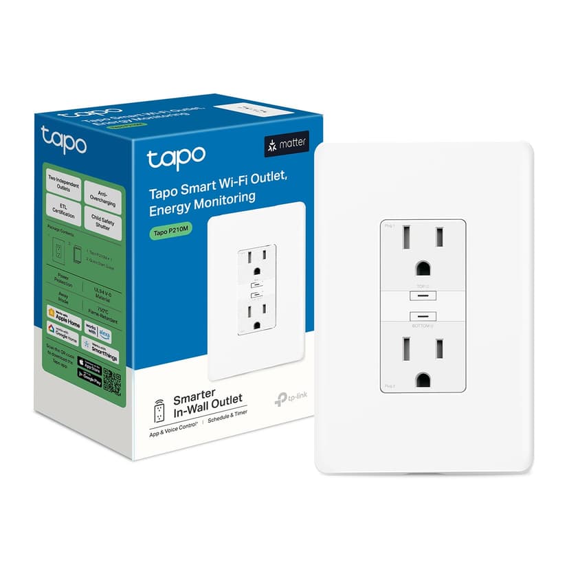 Tapo Smart Plug, Wi-Fi in-Wall Outlet, Matter Compatible, Energy Monitoring, 15A/1800W Max, Works with Alexa, Apple Home, Google Home, SmartThings, Voice/Remote Control, ETL Certified - Tapo P210M