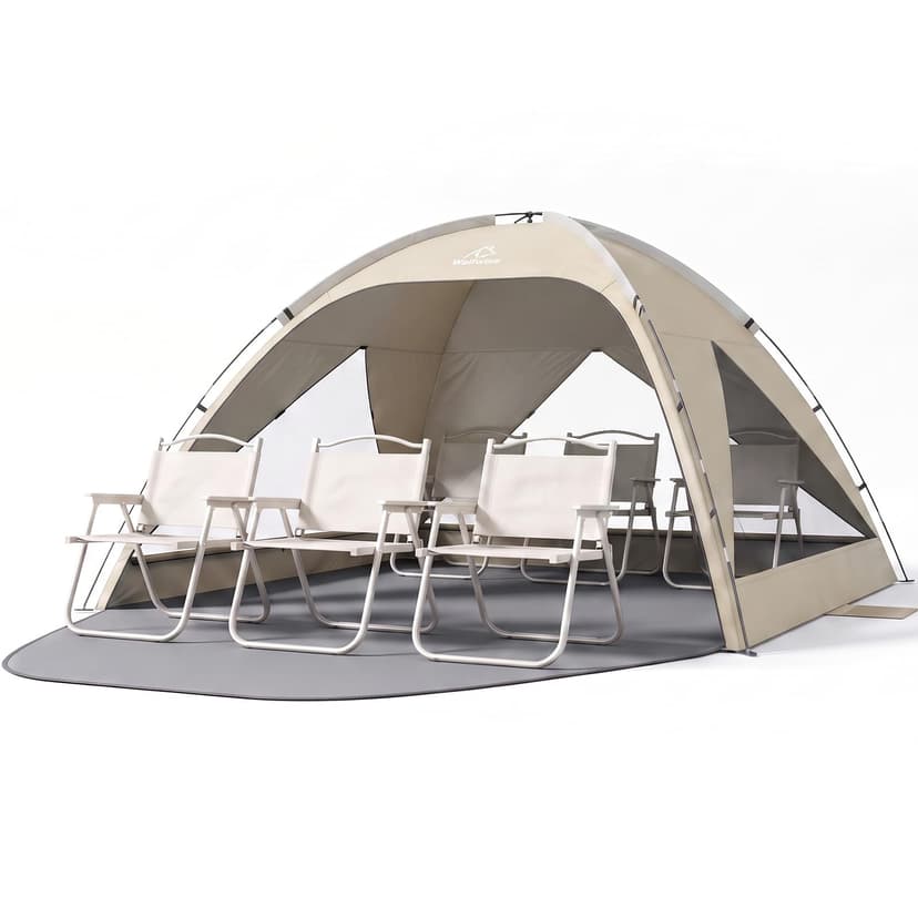 Wolfwise Beach Tent Sun Shelter for 6 Person with UPF 50+ UV Protection, Sun Shade Beach Tents with Extendable Floor for Privacy, 3 Ventilated Mesh Windows & Carrying Bag, 106 ''x106''x63'', Beige