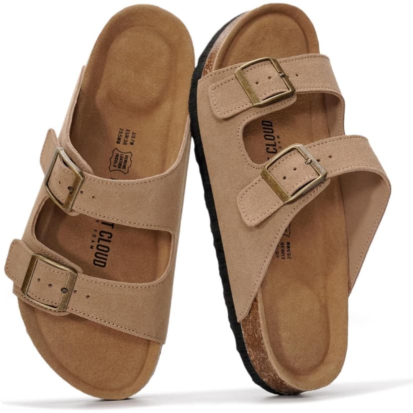 Project Cloud 100% Genuine Leather Flat Sandals For Women 2026 Cork Footbed Womens Sandals with Memory Foam and arch support Vacation Essentials Slides for Women Footwear (Venita)