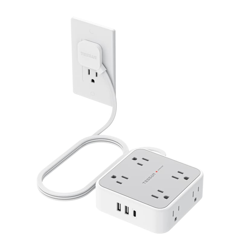 TESSAN Surge Protector Power Strip, 5 Ft Flat Plug Extension Cord with 3 USB (1 USB C) 8 Outlets, 1250W, 900J Protection, 3 Sided Outlet Extender with Power Switch for Office, Dorm Room, Grey