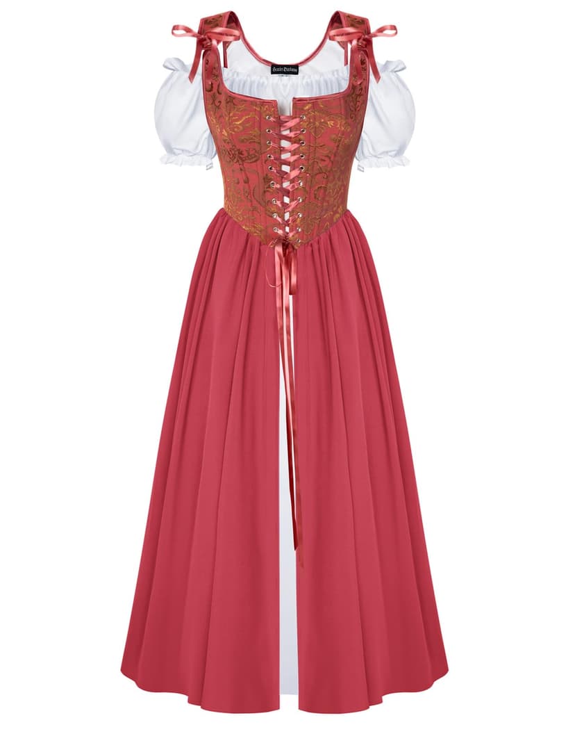 Scarlet Darkness Renaissance Costume Women Medieval Fairy Corset Dress | 2 Pics Set, Fishbond Corset, Pockets, for Ren Fair, Cosplay, Halloween, Theme Party