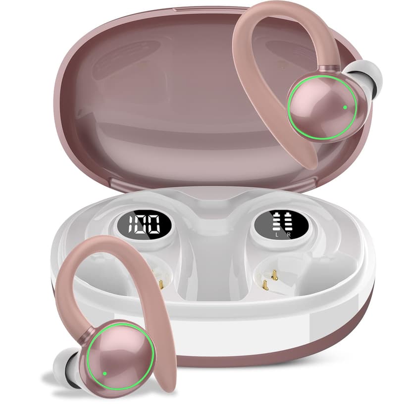 Wireless Earbuds, Bluetooth 5.4 Headphones Sport, Over Ear Buds With ENC Noise Cancelling Mic, 48H, Wireless Earphone With Earhooks, Stereo Deep Bass, IP7 Waterproof for Workout Running, Rose Gold