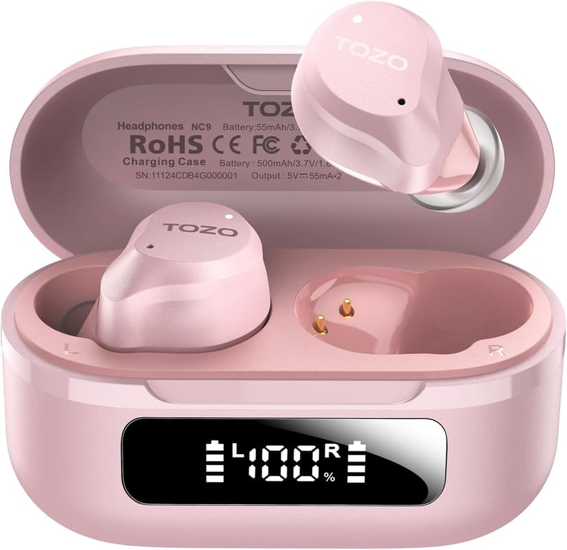TOZO NC9 Hybrid Active Noise Cancelling Wireless Earbuds, 60H, LED Display | 6 Mic ENC Clear Calls, Deep Bass Sound, IPX8, in Ear Bluetooth 5.3 Headphones,32 EQs via APP, Comfort Fit Ear Buds, Pink