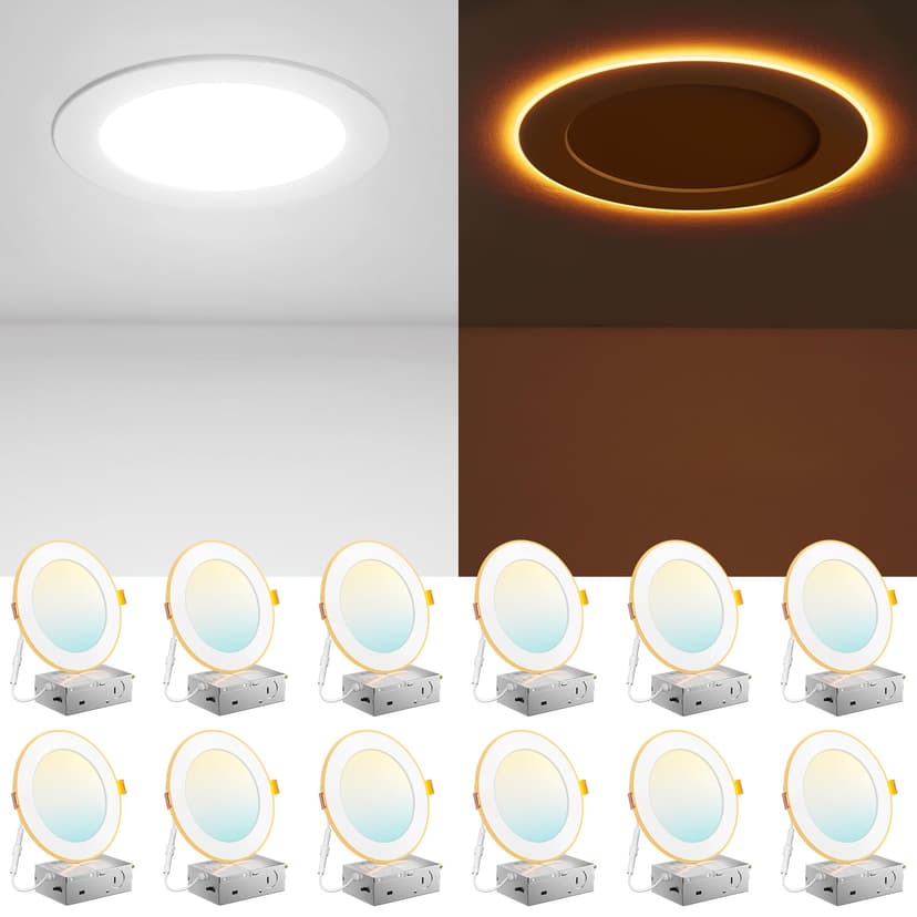 Amico 12 Pack 6 Inch LED Recessed Light with Night Light, 5CCT, 1100LM | Ultra-Thin Ceiling Light, 5%-100% Dimmable, No Flicker, 2700K-5000K, Canless Wafer Downlight with J-Box, 12W=110W, IC/ETL/FCC