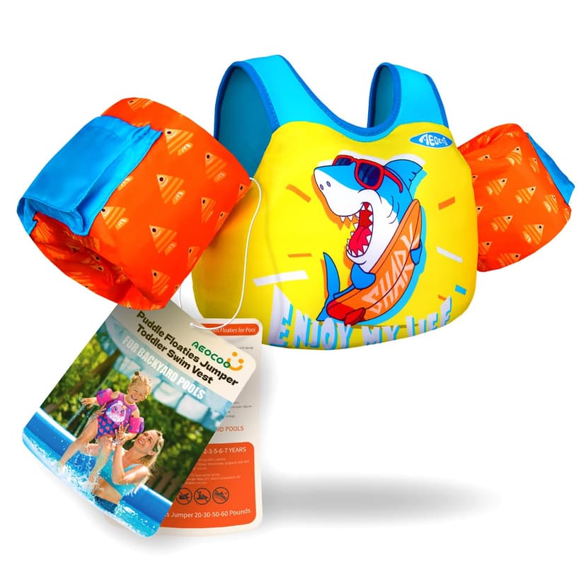 AEOCOO Puddle Float Jumper 20-30-50-60-70 Pounds, Toddler Swim Vest for 1-3-5-6-9 Years Old, Pool Floats with Swimming Arm Floaties Swim Jacket & Water Wings for Kids Swimmies, Boys, Girls, Niños