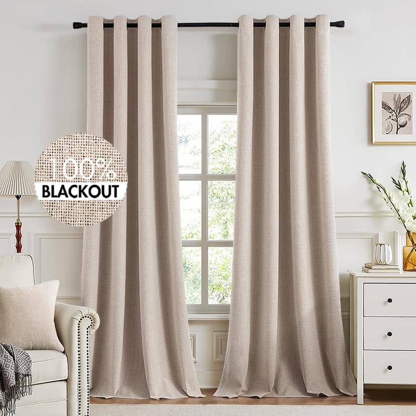 MIULEE 100% Blackout Linen Curtains for Bedroom 52x102 Inches Natural Beige | Room Darkening, Light Blocking, Thermal Insulated, Grommet Top, Linen Textured, Window Curtains for Living Room, 2 Panels
