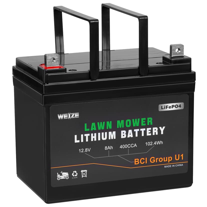 WEIZE 12.8V 8Ah Lithium Battery for Lawn Mower and Tractor, 400CCA BCI Group U1 LiFePO4 Batteries, Fits with John Deere, Toro, Cub Cadet, and Craftsman