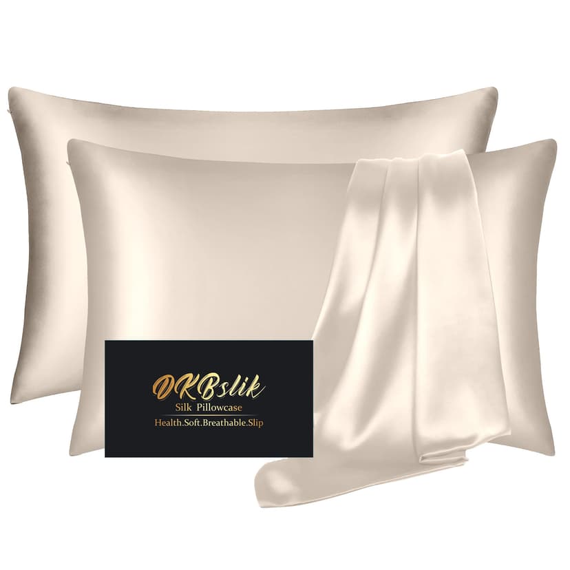 Silk Pillowcase 2 Pack, Mulberry Silk Pillow Cases Queen Size Set of 2, Anti Acne Silk Pillowcase for Hair and Skin, Natural Silk Satin Pillowcases Gifts for Women Men 2 Pack with Zipper, Beige