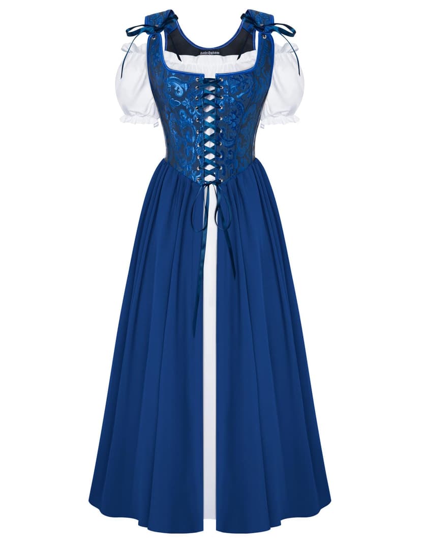 Scarlet Darkness Renaissance Costume Women Medieval Fairy Corset Dress | 2 Pics Set, Fishbond Corset, Pockets, for Ren Fair, Cosplay, Halloween, Theme Party
