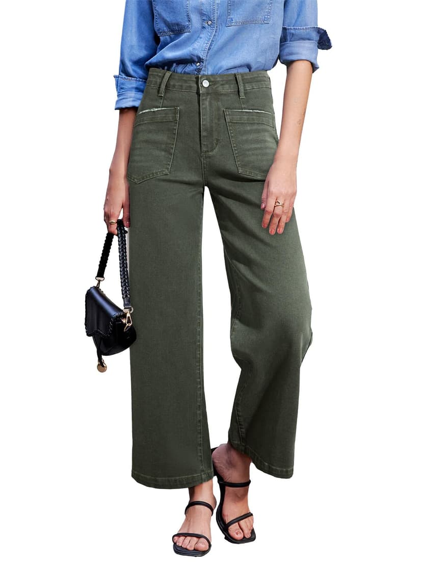 Sidefeel Wide Leg Jeans for Women High Waisted Stretchy Ankle Denim Pants | Soft Comfy Denim Jeans, Four Patch Pockets with Distressed Details, Up to 28'' Inseam, Versatile Outfits for Casual Vacation