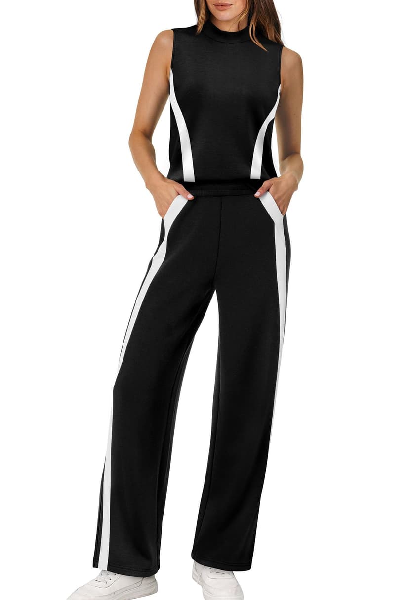 XIEERDUO Two Piece Sets for Women Summer Outfits Travel Mock Neck Lounge Sets Wide Leg Pants Beach Vacation Clothes