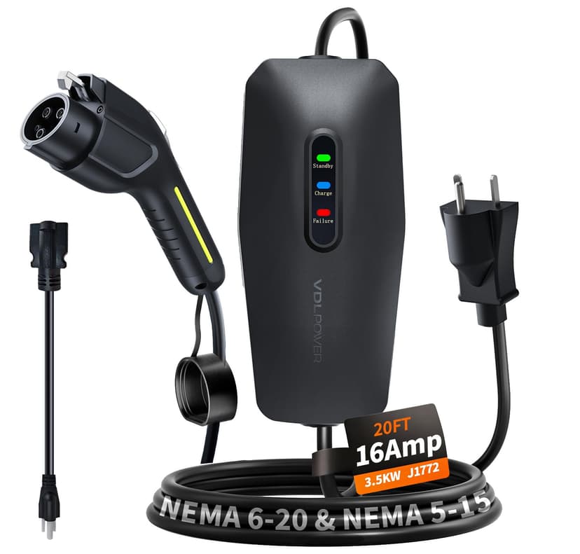 VDLPOWERVP Level 1&2 EV Charger, Electric Vehicle Portable Charger with 20FT Cable, 3.5KW 16Amp Home EV Car Charging Station, 110V-240V NEMA 6-20 & NEMA 5-15 Plug Adapter, for All SAE J1772