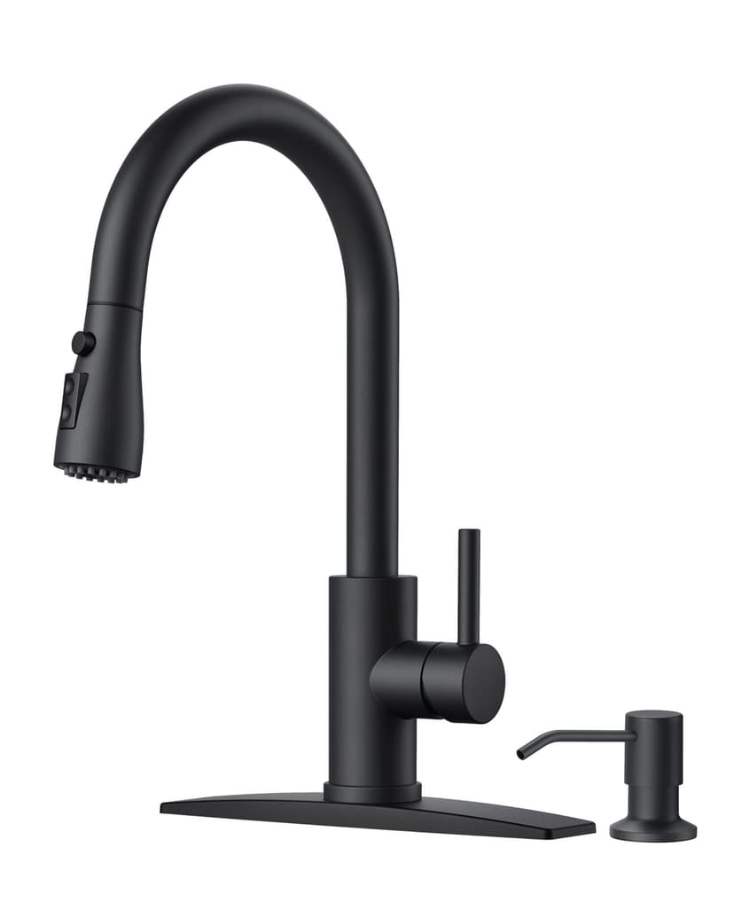 FORIOUS Black Kitchen Faucet with Soap Dispenser and Pull Down Sprayer, Bar High Arc Single Handle Classic 3 Modes Stainless Steel Faucet for Kitchen Sink Farmhouse RV Laundry Camper