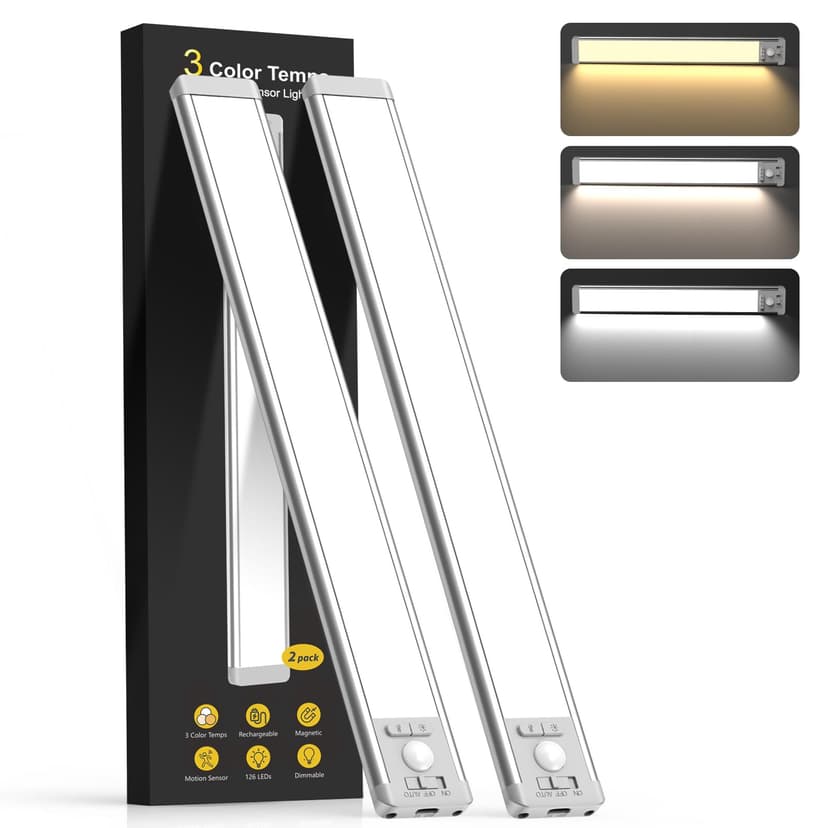 14.7inch Under Cabinet Lighting with 3 Color Temps, 2 Pack Rechargeable Motion Sensor Light Indoor, 5 Levels Dimmable Magnetic Closet Lights, Wireless Under Counter Lights for Kitchen, Stairs