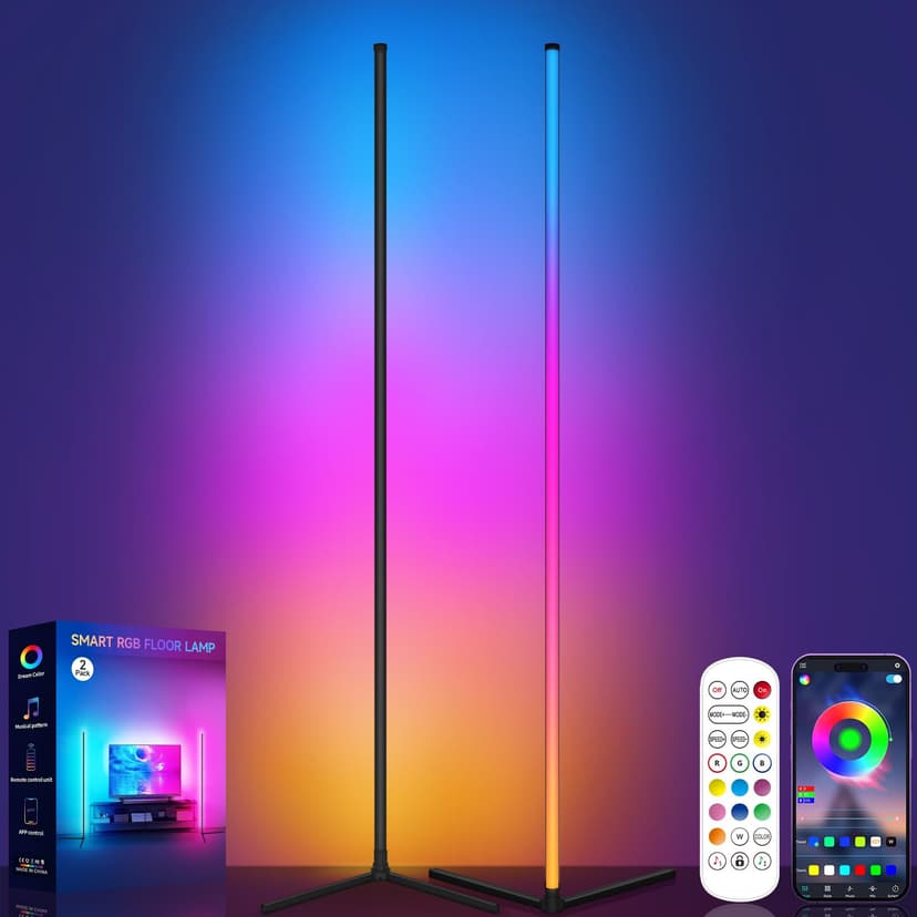 Tyute Floor Lamp, RGB LED Corner Lamp with Music Sync, Smart App and Remote Control Color Changing Ambience Light, 16 Million Colors Standing Lamp for Bedroom Living Room Gaming Room (2pcs)