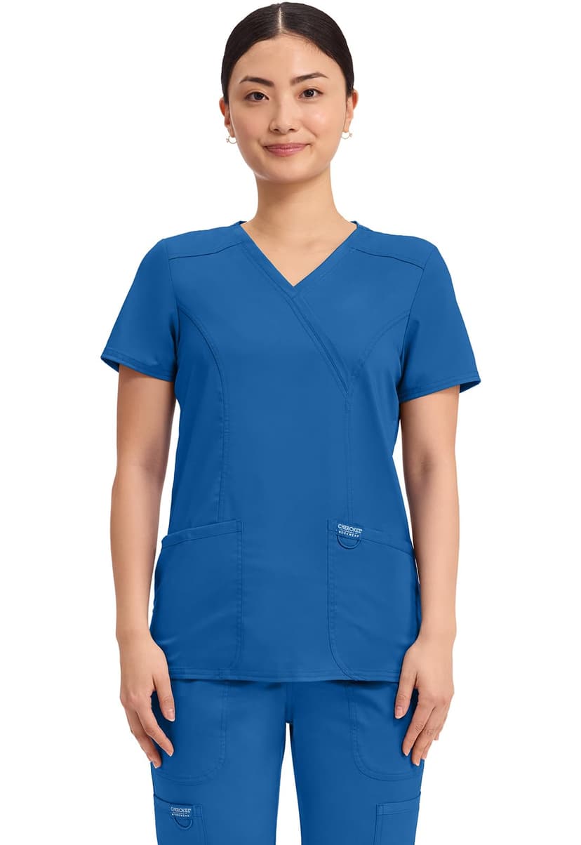 Cherokee WW Revolution Scrub Tops Women Mock Wrap 2 Pockets Nurse Shirt | Slim Fit, Instrument Loop, Soft 2-Way Stretch Fabric, Durable Construction, Side Vents, Easy Care, Breathable, Healthcare Use