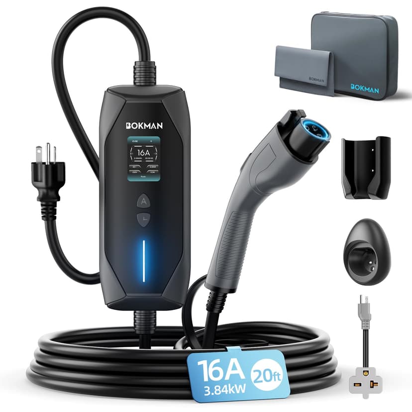 bokman Portable Level 1&2 EV Charger, 16A 20ft, NEMA 6-20P/5-15 Adapter | Dual 120V/240V, Adjustable 6-16A & 1-12H Delay timer, IP65, J1772 Connector