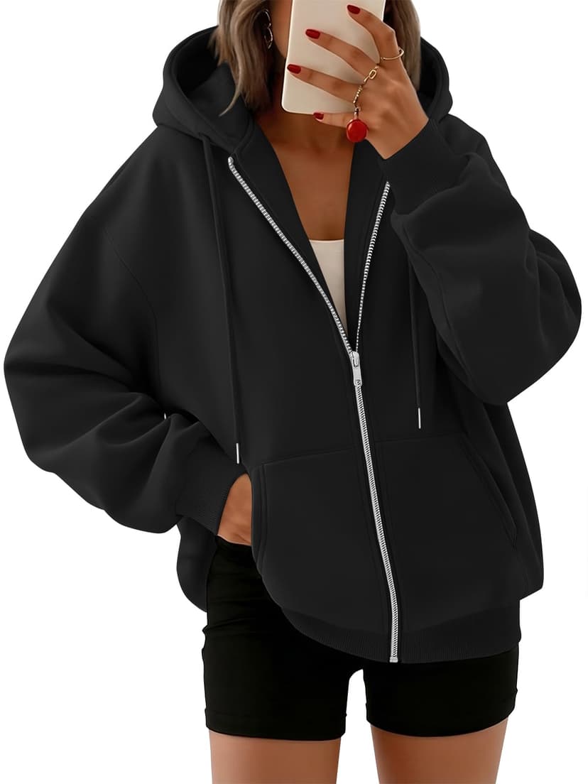 Trendy Queen Womens Oversized Zip Up Hoodies Y2K Fall Sweatshirts 2026 | Cute Fashion Lightweight Jacket with Pockets, Casual Fall Outfits, Cozy Winter Coats, Everyday Layering and Travel Clothes